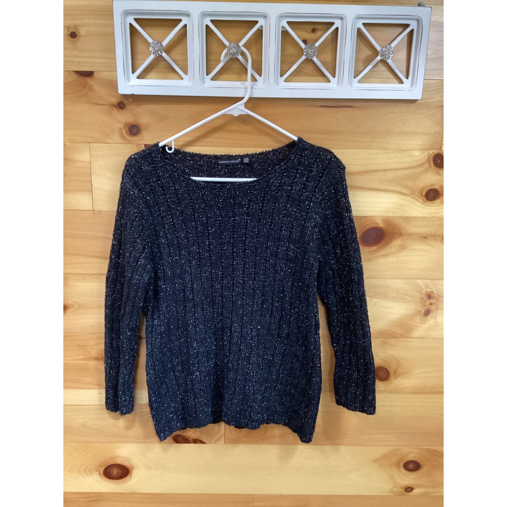 Carolyn Taylor Womens XL Black Silver Metallic Ribbed Knit Scoop Neck Sweater